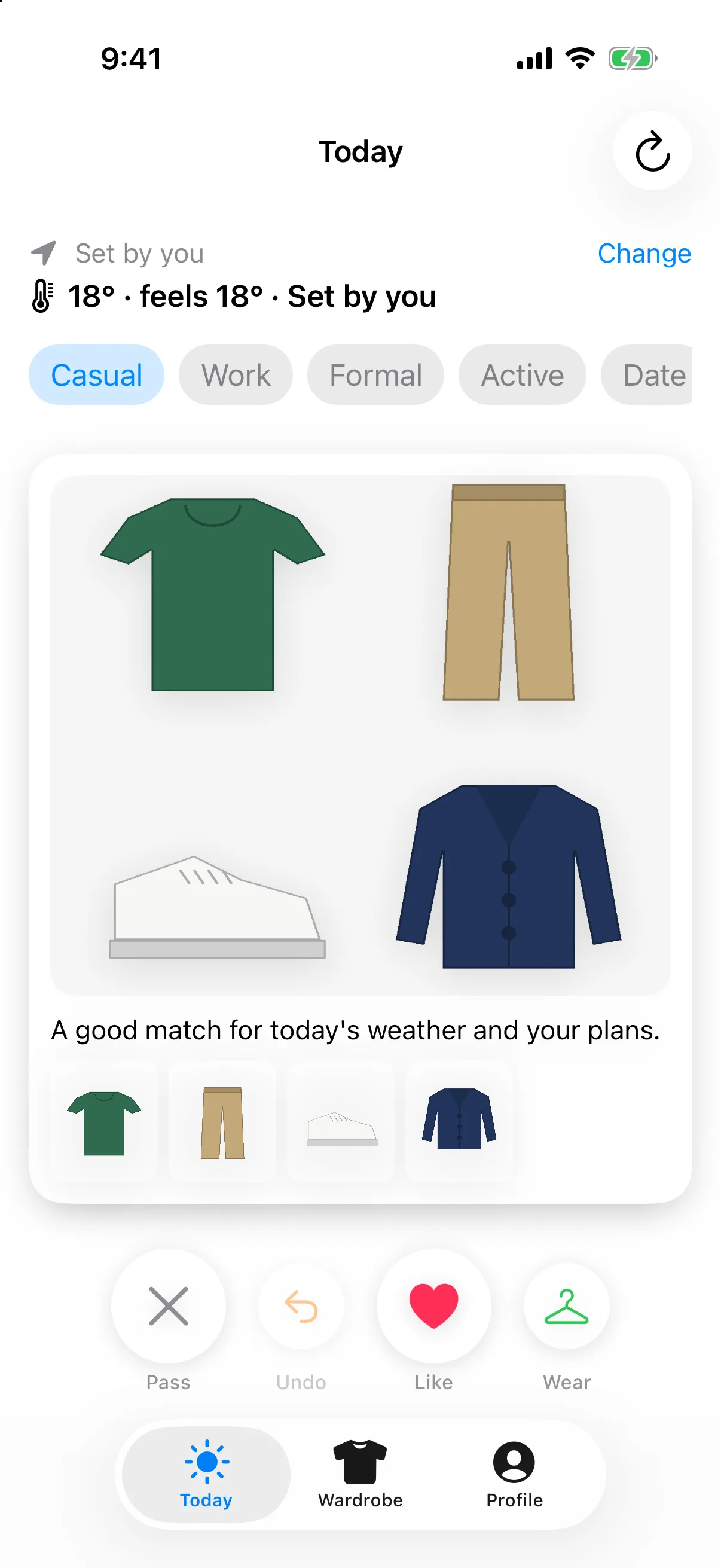 Today screen showing outfit suggestions for 18°C