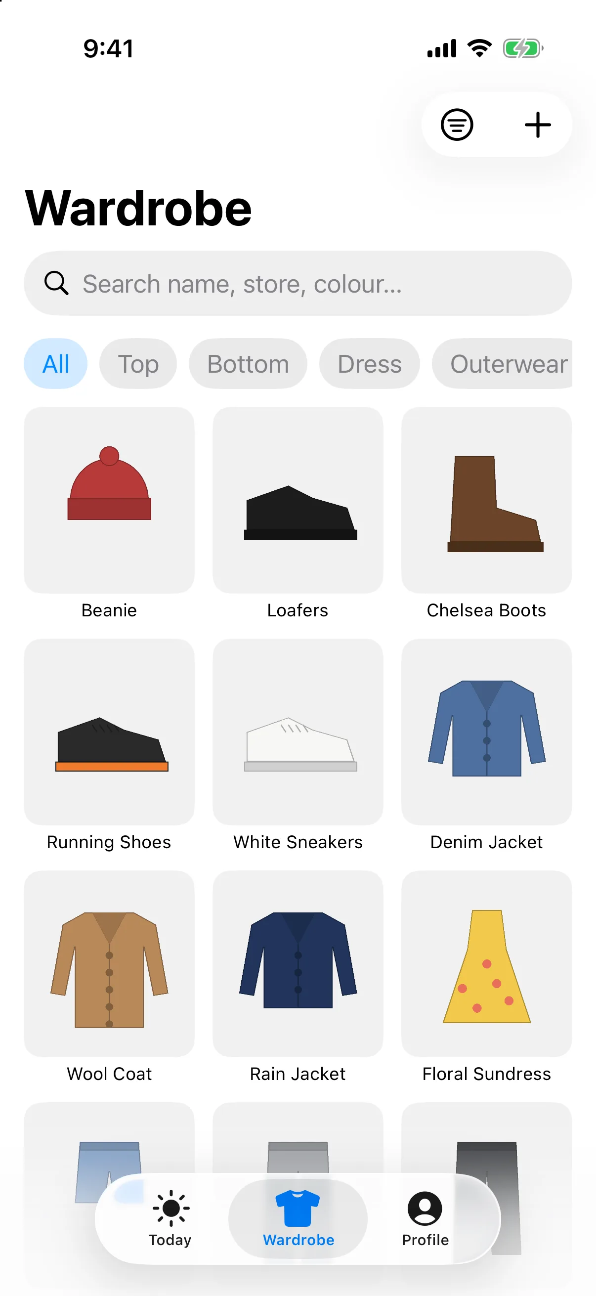 Wardrobe screen with a grid of clothing items